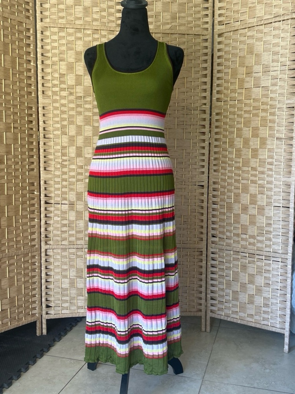 Missoni Olive Green Sleeveless Striped Knit Maxi Dress